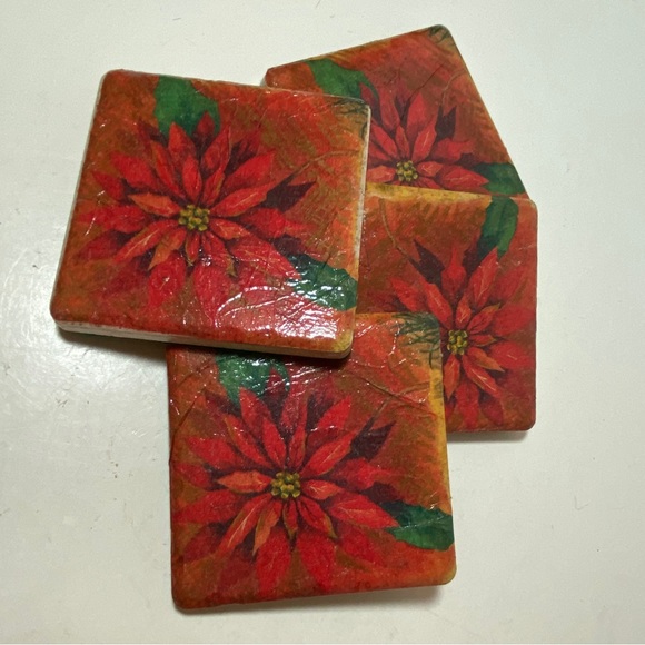Set of 4 Christmas Poinsettia coasters Felt Backed, Red Green 4” Square - Picture 4 of 5